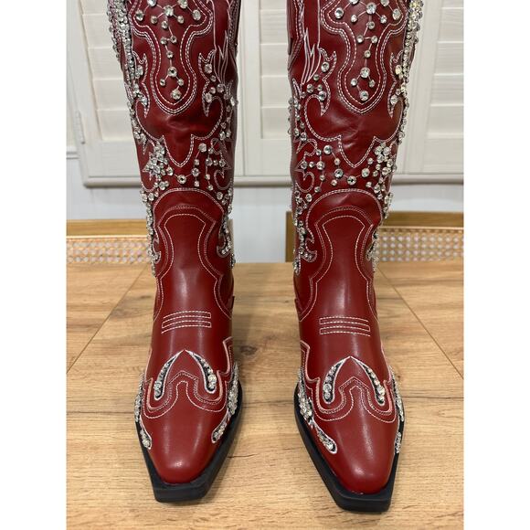 Azalea Wang Maisie Embellished Western Boot Red Faux Leather 8.5 NWOB Crystals - Picture 7 of 16
